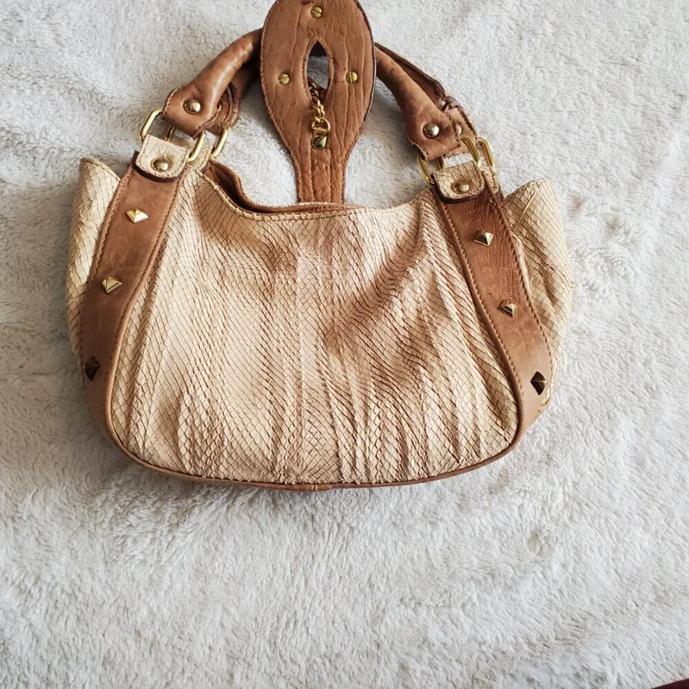 Tan Leather and Snakeskin Embossed Hobo Bag with Bamboo Toggle and Studs